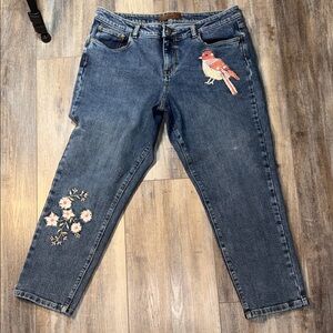 Floral Bird Embellished Vintage Denim Girlfriend Jeans